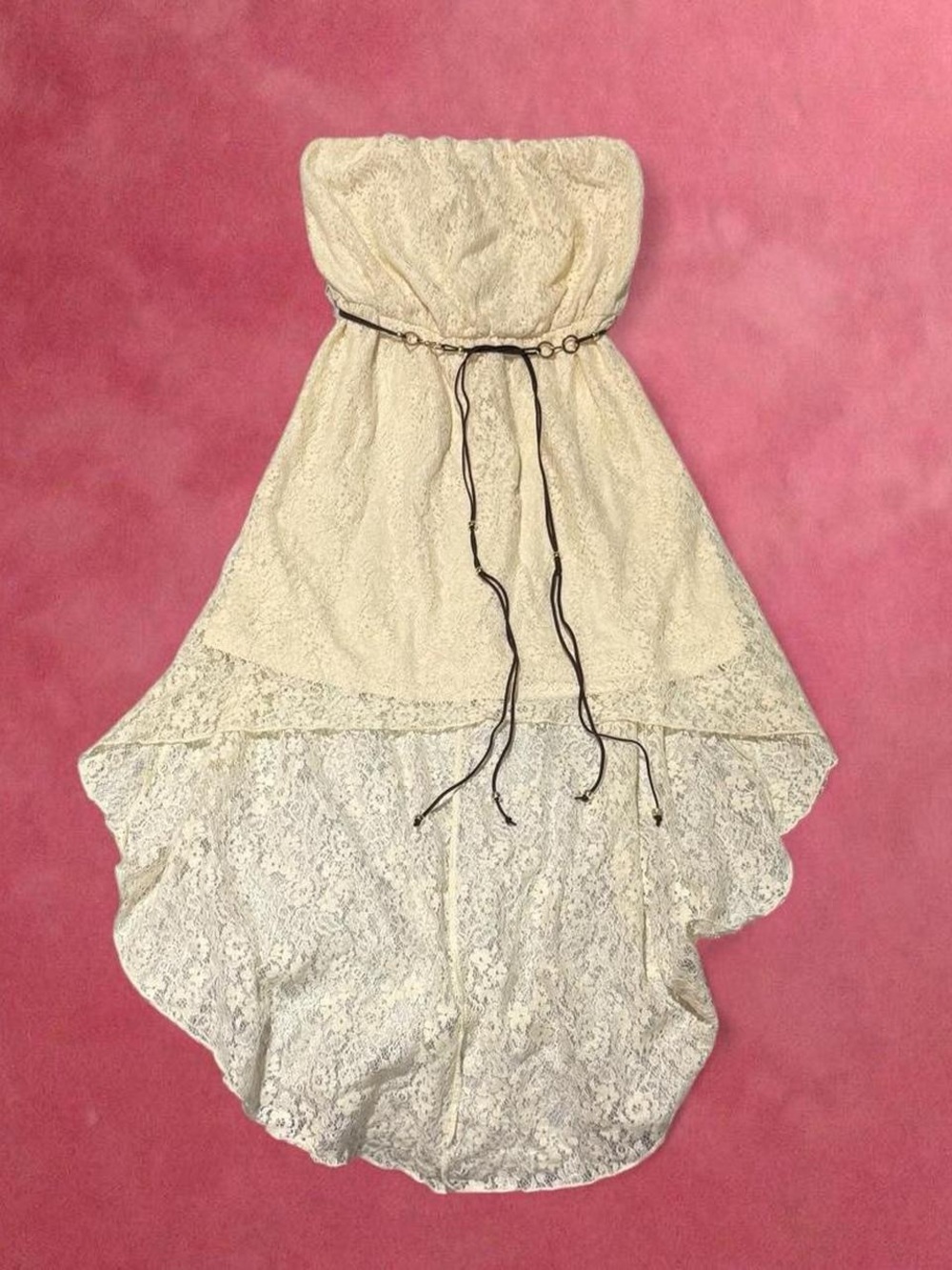 Body Central Cream Strapless Lace Hi-Low Dress with Tie Waist